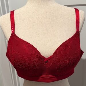 Lace-Trim Padded Red Bra with Crisscross Front